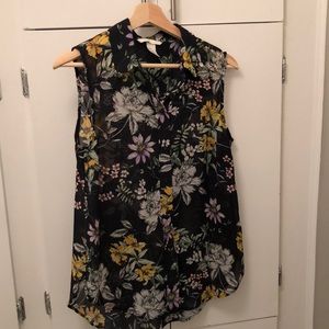 H and M Sheer Navy Blue with flowers tank top collared